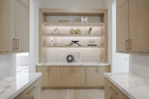 custom light wood built in shelving