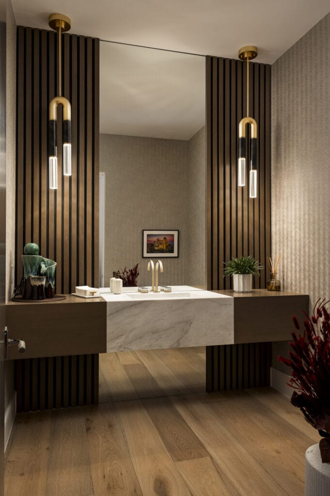 Modern brown wood bathroom floating vanity